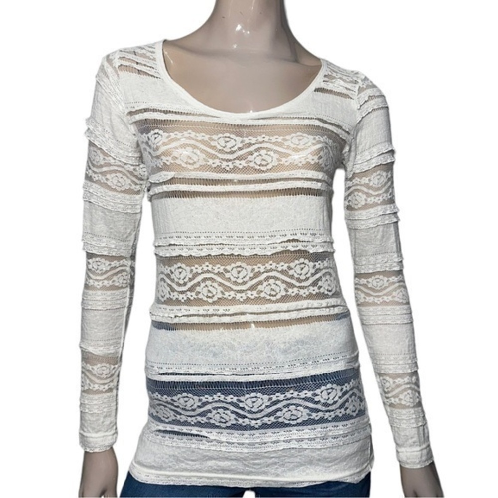 Blanc du Nil Women’s Size 2 S White Stretch Lace Long Sleeve Scoop Neck T-Shirt